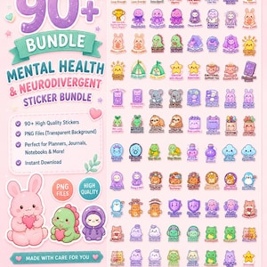Könnte beinhalten: Ein Sticker-Bundle mit über 90 hochwertigen Aufklebern, die eine Vielzahl von niedlichen, farbenfrohen Designs zeigen. Die Aufkleber haben das Thema psychische Gesundheit und Neurodiversität, mit Texten wie "Love Enough". Das Bundle enthält PNG-Dateien für Planer und Journale.