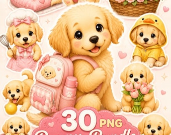 Pacote de imagens PNG de filhotes de Golden Retriever, clipart de cachorro kawaii, arte floral para sublimação (download digital)