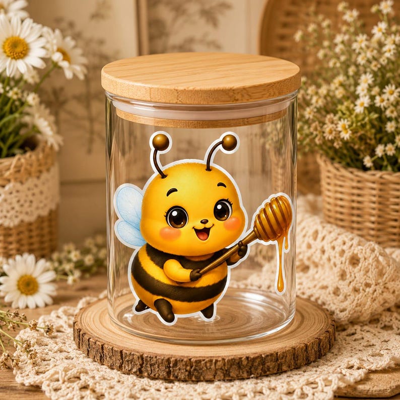 May include: A clear glass storage jar with a light-colored wooden lid. The front of the jar features a colorful illustration of a cartoon bee with black and yellow stripes, holding a wooden honey dipper with a drop of golden honey dripping down.