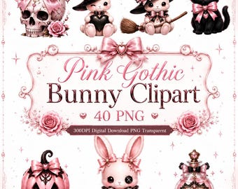 Imágenes prediseñadas de conejito gótico rosa, paquete PNG de Halloween Coquette, 40 PNG, lindo conejito gótico, conejito bruja, gato negro, calavera, descarga digital