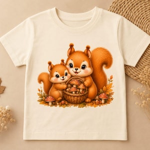 May include: A cream-colored short-sleeve t-shirt featuring a graphic print of two cartoon squirrels holding a woven basket filled with mushrooms. The squirrels are surrounded by autumn leaves and small red-capped mushrooms on the ground.