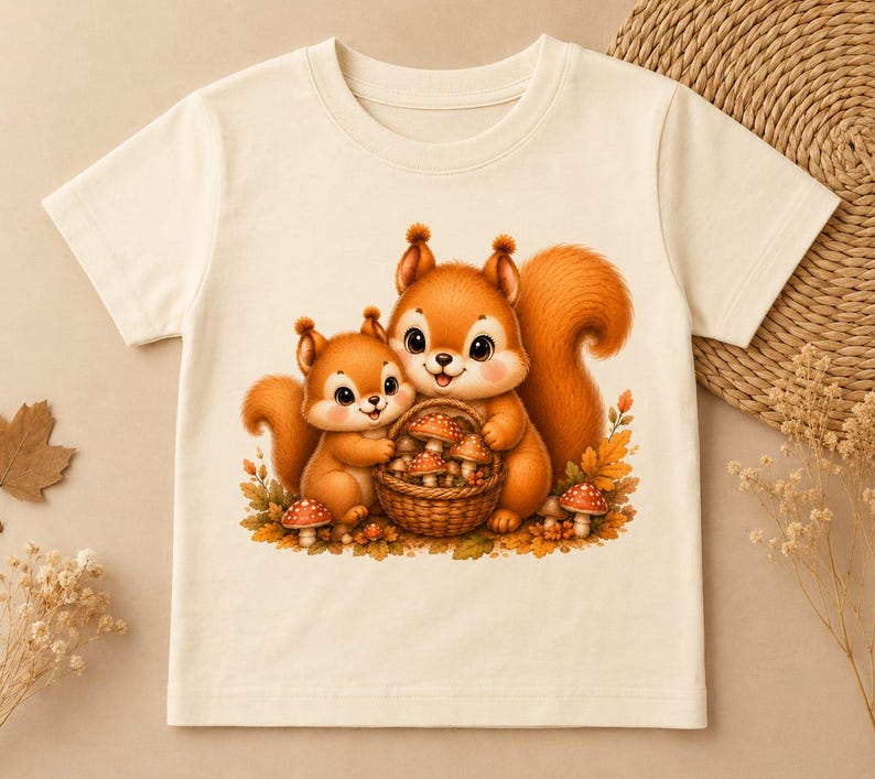 May include: A cream-colored short-sleeve t-shirt featuring a graphic print of two cartoon squirrels holding a woven basket filled with mushrooms. The squirrels are surrounded by autumn leaves and small red-capped mushrooms on the ground.