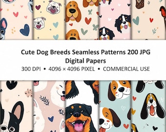Patrones sin costuras de razas de perros adorables (200 imágenes JPG), paquete de papel digital para perros, papel para álbumes de recortes de cachorros, fondo imprimible, uso comercial.