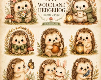Woodland Hedgehog PNG Bundle, Watercolor Autumn Forest Animals (Digital Download)