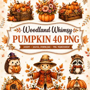 May include: A digital collection of 40 autumn-themed PNG graphics featuring pumpkins in wooden crates, floral arrangements, a hedgehog in a hat, a scarecrow, a raccoon, and pumpkin-shaped houses, with the text Woodland Whimsy PUMPKIN 40 PNG.