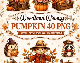 Paquete de imágenes prediseñadas de calabazas con temática de bosque (40 imágenes PNG), lindas imágenes prediseñadas de otoño en acuarela, acogedora cabaña de cosecha, decoración de Halloween, sublimación.