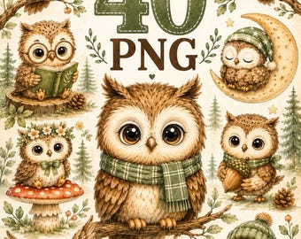 Paquete PNG de búhos del bosque, 40 imágenes prediseñadas de animales del bosque en acuarela, lindos gráficos para decoración de guardería, imágenes prediseñadas de descarga digital para diseño de sublimación