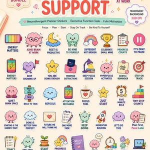 Stickers numériques TDAH soutien quotidien, clipart agenda neurodivergent, mignon santé mentale PNG, dysfonctionnement exécutif, agenda kawaii