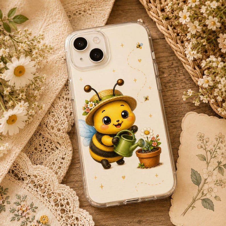 May include: A clear phone case featuring a cartoon bee wearing a straw hat with flowers, holding a small green watering can over a potted flower. The design includes small yellow stars and a dotted flight path, set against a transparent background.