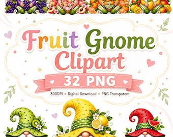 Paquete de imágenes prediseñadas de gnomos de la cosecha de frutas / Colección de gnomos lindos en formato PNG / Gnomo de frutas de verano / Uso comercial / PNG transparente / 32 PNG
