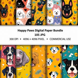 Op de afbeelding: Een digitaal papierpakket met 105 JPG-bestanden met illustraties van diverse hondenrassen, waaronder Duitse herders, poedels en dalmatiërs, op kleurrijke patronen met hartjes en vormen, gelabeld als Happy Paws Digital Paper Bundle.