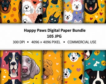 Paquete de papeles digitales Happy Paws (105 imágenes JPG), patrones sin costuras de perros, papel digital de cachorros, fondo de mascotas, papel de regalo, uso comercial.