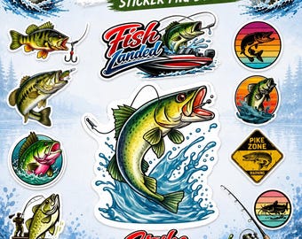 Paquete de 100 imágenes prediseñadas de pegatinas de pesca / Calcomanías de pesca de lubina en agua dulce en formato PNG (descarga digital)