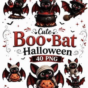 Peut inclure: Une collection numérique de 40 fichiers PNG représentant des chauves-souris noires mignonnes aux ailes teintées de rouge, des citrouilles, des chaudrons et des accessoires de sorcière. Le texte central indique Cute Boo-Bat Halloween 40 PNG.