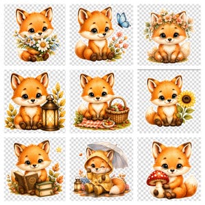 May include: A collection of nine digital illustrations featuring a cute orange fox in various settings, including holding flowers, wearing a floral crown, sitting with a lantern, a basket of apples, a sunflower, books, an umbrella, and a mushroom.