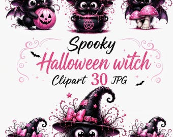 Gruselige Halloween-Kätzchen-Fledermaus, gruselige niedliche Hexe-Clipart-Pack, 30 hochauflösende JPG Digital Bastelbedarf, Pastel Goth druckbare Clip Art