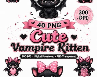Pacote de Clipart de Gatinho Vampiro para o Halloween | Gato Preto Kawaii PNG | Adesivos Góticos Rosa | Download Digital de Animal de Estimação Bruxo