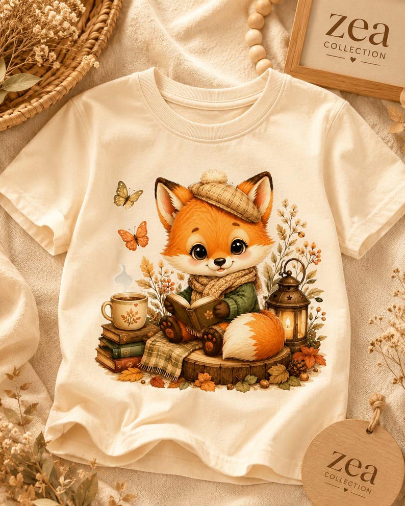 May include: A cream-colored short-sleeve t-shirt featuring a graphic of a fox wearing a plaid beret and scarf, reading a book while sitting on a tree stump. The scene includes a stack of books, a coffee mug, a lantern, and butterflies.