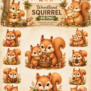Peut inclure: Une collection numérique de 48 images PNG représentant des écureuils de dessin animé dans divers décors forestiers, avec des glands, des champignons, un panier, un livre et un tournesol, et le texte Woodland SQUIRREL 48 PNG.