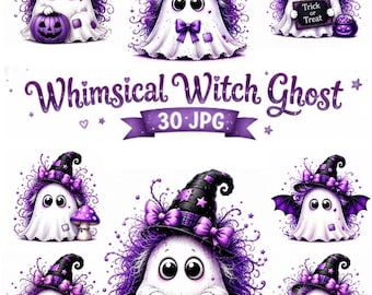 Whimsical Witch Ghost Clipart, Halloween Ghost Bundle, 30 JPG Cute Purple Ghost Clipart, Spooky Witch Clip Art, Digital Download for Crafts