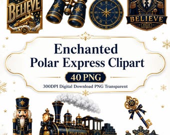 Imágenes prediseñadas PNG de tren navideño encantado, paquete de acuarelas del Expreso Mágico del Polo Norte, tren navideño para uso comercial PNG