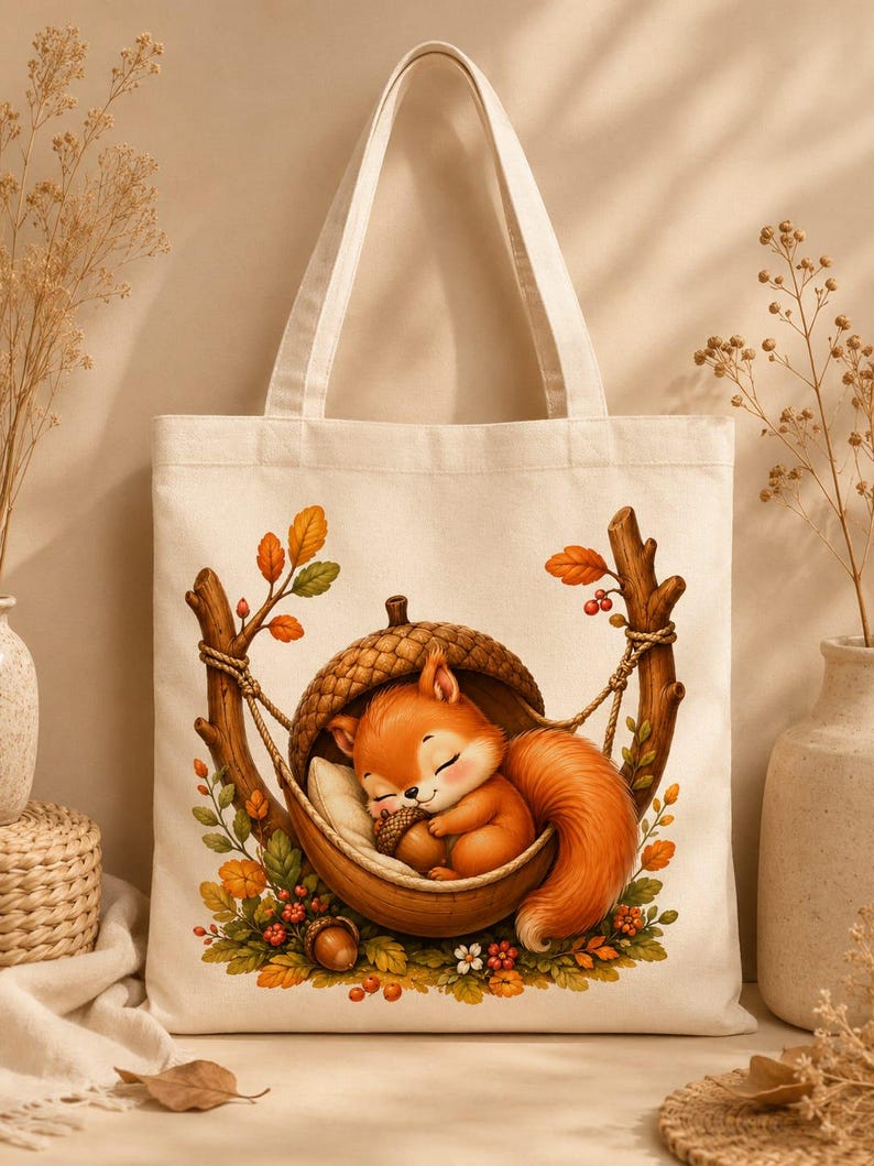 May include: A cream-colored canvas tote bag featuring a printed illustration of a small orange squirrel sleeping inside a large acorn shell. The squirrel is curled up holding a tiny nut, surrounded by autumn leaves, berries, and tree branches.