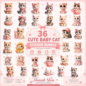 以下が含まれることがあります： 帽子、スカーフ、カップなどを身につけた子猫のイラスト36種類が描かれたステッカーシート。中央には「36 CUTE BABY CAT STICKER BUNDLE」というテキストがあり、品質や用途に関する詳細な説明が記載されています。