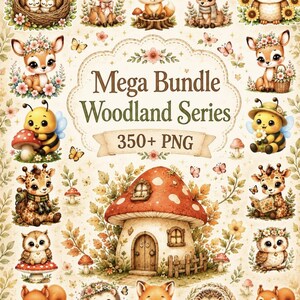 May include: A digital collection of woodland animal illustrations featuring owls, deer, foxes, bees, giraffes, and hedgehogs surrounding a central mushroom house. The text reads Mega Bundle Woodland Series 350+ PNG in a decorative frame.
