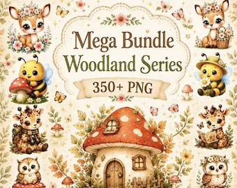 Pacote Gigante com mais de 350 imagens PNG em aquarela de animais da floresta, clipart para quarto infantil com criaturas da floresta (download digital)