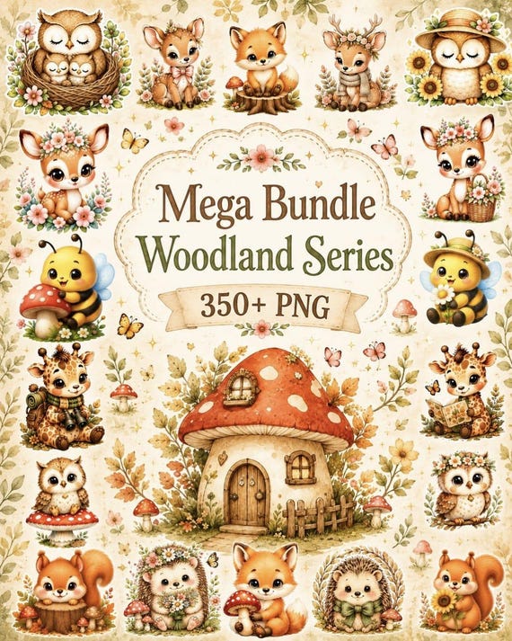 Mega Bundle 350+ Woodland Animal Watercolor PNG , Forest Creatures Nursery Clipart (Digital Download)
