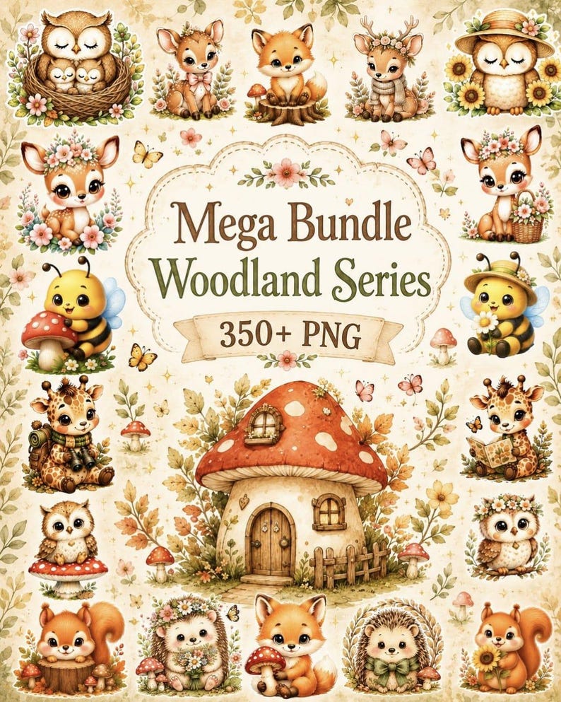 May include: A digital collection of woodland animal illustrations featuring owls, deer, foxes, bees, giraffes, and hedgehogs surrounding a central mushroom house. The text reads Mega Bundle Woodland Series 350+ PNG in a decorative frame.