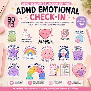 May include: A digital collection of 80 ADHD emotional check-in stickers featuring colorful illustrations of hearts, brains, rainbows, and clouds with encouraging text like Be Kind To Yourself, Breathe In Breathe Out, and Rate Your Day.