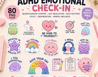 Paquete de imágenes prediseñadas de apoyo a la función ejecutiva para personas neurodivergentes con TDAH / PNG de registro emocional / Pegatinas de autorregulación para personas con TDAH