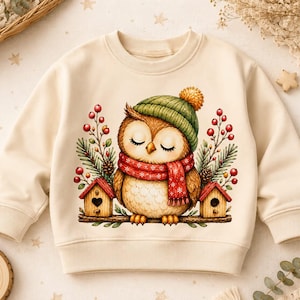 May include: A cream-colored long-sleeve sweatshirt featuring a central graphic of a brown owl wearing a green knit hat and a red patterned scarf. The owl is perched on a branch between two small wooden birdhouses, surrounded by pine branches and red berries.