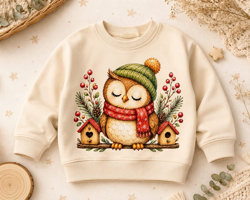 May include: A cream-colored long-sleeve sweatshirt featuring a central graphic of a brown owl wearing a green knit hat and a red patterned scarf. The owl is perched on a branch between two small wooden birdhouses, surrounded by pine branches and red berries.