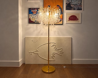Lampada da terra con disco in vetro dorato, design a cascata di rami, lampada da terra per soggiorno.