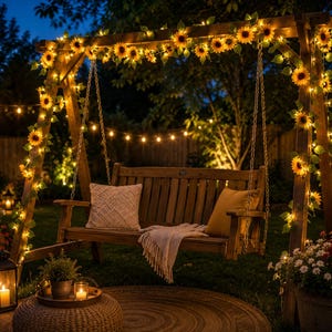 Pode incluir: Um baloiço de madeira adornado com grinaldas de girassóis e luzes de corda, criando um ambiente acolhedor e convidativo. O baloiço apresenta um banco de madeira com almofadas e uma manta, num jardim ao entardecer.