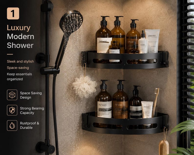 Puede incluir: Estanter&iacute;as de esquina negras en una ducha, llenas de botellas de art&iacute;culos de aseo marrones. Se ve un cabezal de ducha negro con agua fluyendo. El texto dice "Luxury Modern Shower" y destaca el dise&ntilde;o que ahorra espacio y la resistencia a la corrosi&oacute;n.