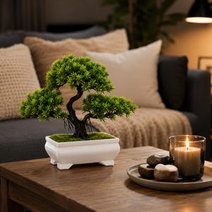 Puede incluir: Un pequeño bonsái artificial con follaje verde brillante y un tronco oscuro y curvado se encuentra en una maceta rectangular blanca. Una vela encendida en un vaso y piedras decorativas crean un ambiente zen en una mesa de madera.