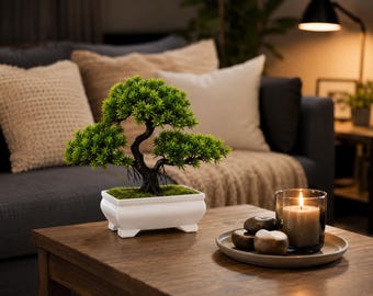 May include: A miniature artificial bonsai tree with bright green leaves and a dark, curved trunk is in a white rectangular pot. A lit candle in a glass holder and decorative stones are on a wooden table, creating a calm, zen-like atmosphere.