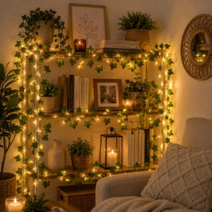 May include: A wooden shelving unit decorated with strings of artificial ivy and warm white fairy lights. The shelves hold various potted plants, books, framed art, a black metal lantern with a white pillar candle, and a ceramic vase.