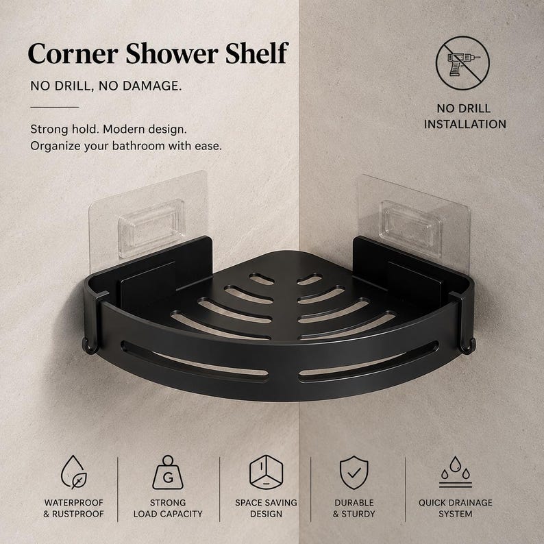 Puede incluir: Estante esquinero de ducha negro con dise&ntilde;o ranurado, montado en una pared gris claro. El estante tiene el texto "Corner Shower Shelf" y "NO DRILL, NO DAMAGE". Dise&ntilde;ado para una f&aacute;cil organizaci&oacute;n del ba&ntilde;o.