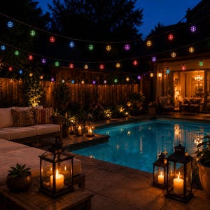May include: A nighttime outdoor scene with a pool, seating, and string lights. Colourful globe string lights are strung above the pool. Lanterns with lit candles are placed around the pool. A sofa and chairs are visible.