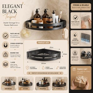 Puede incluir: Estante esquinero negro con el texto "ELEGANT BLACK Tripod" y detalles del producto. El estante mide 30,5 cm de ancho, 22 cm de profundidad y 4,5 cm de alto. Es inoxidable, impermeable y puede soportar hasta 15 kg. Perfecto para ba&ntilde;o, cocina y m&aacute;s.