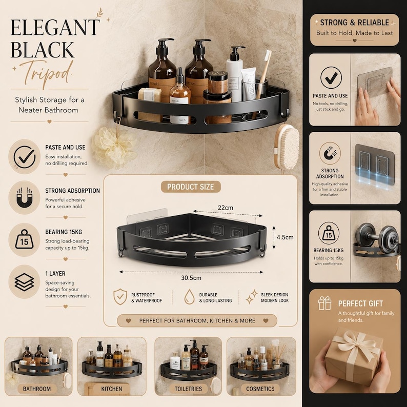 Puede incluir: Estante esquinero negro con el texto "ELEGANT BLACK Tripod" y detalles del producto. El estante mide 30,5 cm de ancho, 22 cm de profundidad y 4,5 cm de alto. Es inoxidable, impermeable y puede soportar hasta 15 kg. Perfecto para ba&ntilde;o, cocina y m&aacute;s.