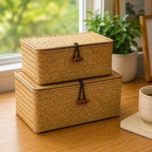 Könnte beinhalten: Zwei rechteckige Aufbewahrungsboxen aus geflochtener, hellbrauner Naturfaser. Jede Box verfügt über einen passenden Deckel, der mit einer schwarzen elastischen Kordel gesichert ist, die über einen kleinen, dunkelbraunen Holzknebelknopf führt.