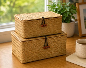 Cesti portaoggetti in erba marina intrecciata a mano con coperchio / Set di scatole organizer rustiche