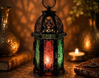May include: A black metal lantern with a circular top handle and intricate cut-out patterns. The lantern features panels of textured glass in alternating red and green colours, with a warm light glowing from within, casting detailed shadows.