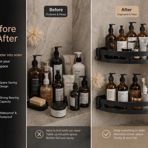 Puede incluir: Imagen del antes y el despu&eacute;s que muestra un organizador de estantes de esquina para el ba&ntilde;o. El lado izquierdo muestra una disposici&oacute;n desordenada de botellas, mientras que el lado derecho muestra una configuraci&oacute;n organizada en estantes de esquina negros. El texto dice "Antes y Despu&eacute;s" y destaca el dise&ntilde;o que ahorra espacio.