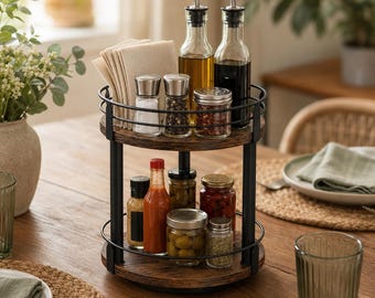 May include: A two-tiered rotating spice rack with a dark wood finish and black metal frame. The top tier holds two glass oil and vinegar cruets, two small glass spice jars, and a stack of beige napkins. The bottom tier holds various glass jars.